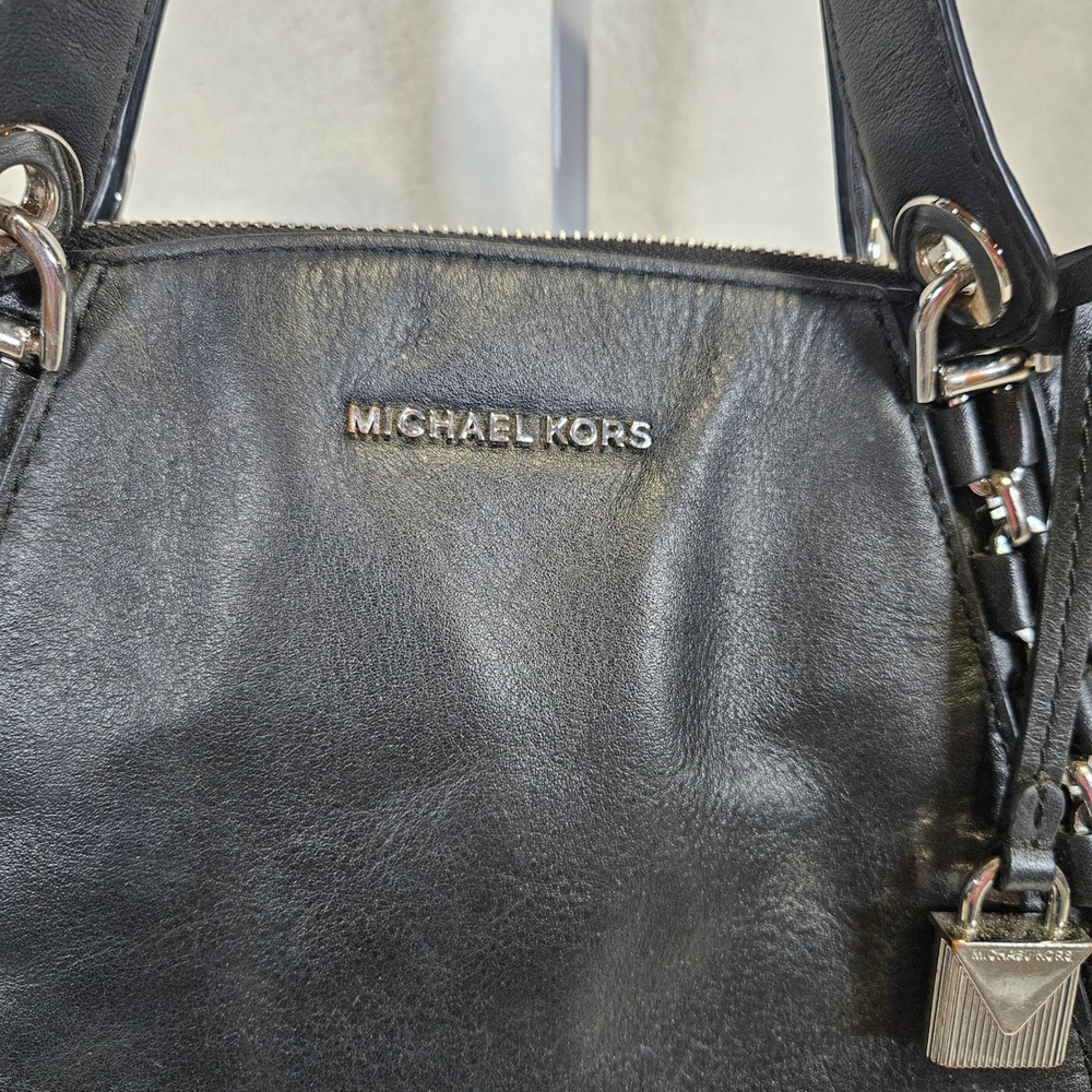 Michael Kors Black Leather Chain Trim Satchel Crossbody Bag Silver Hardware - Picture 2 of 10